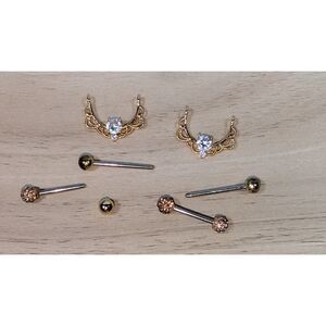 Septum Ring Clicker & Nose Stud Lot Gold Tone CZ Piercing Jewelry Set
